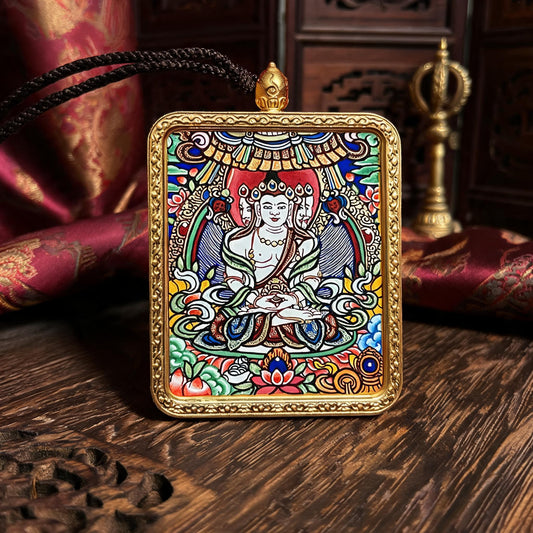 Vairocana Buddha hand-painted Thangka pendant front hero view