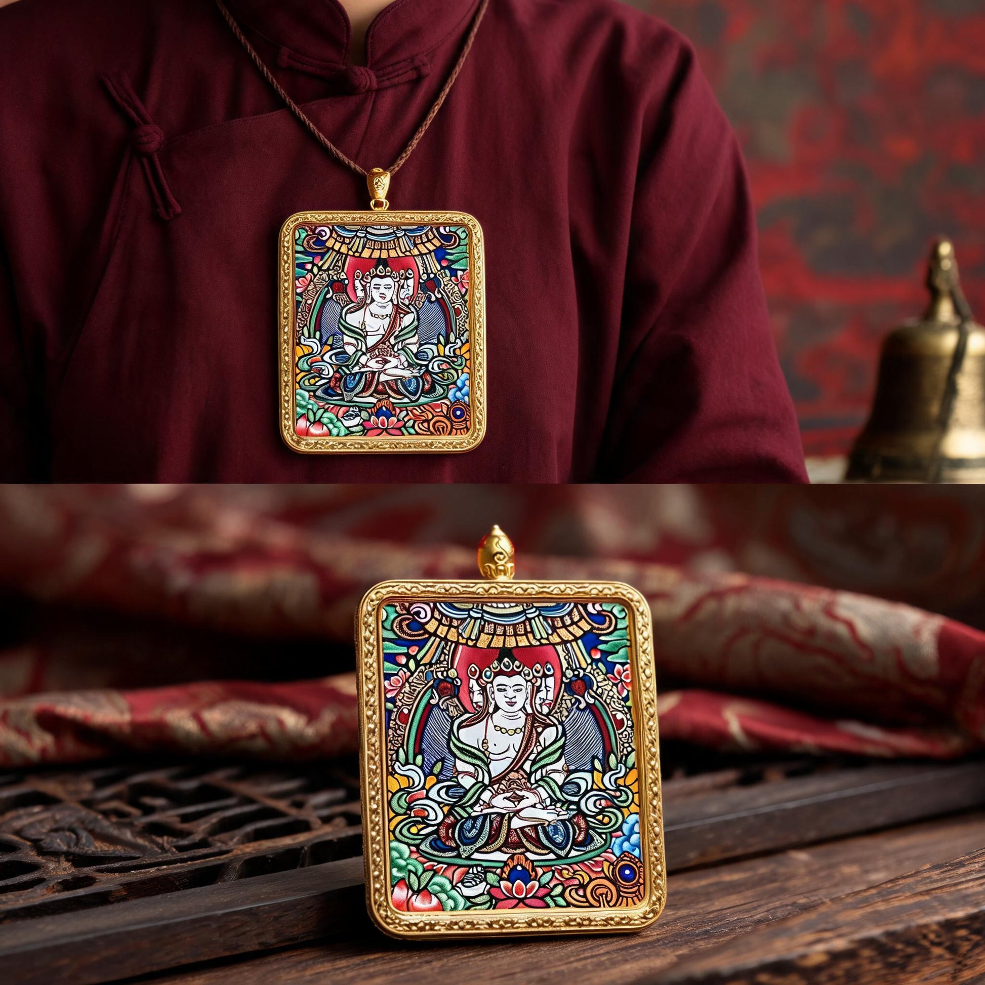 Vairocana Buddha hand-painted Thangka pendant proportional wearing view