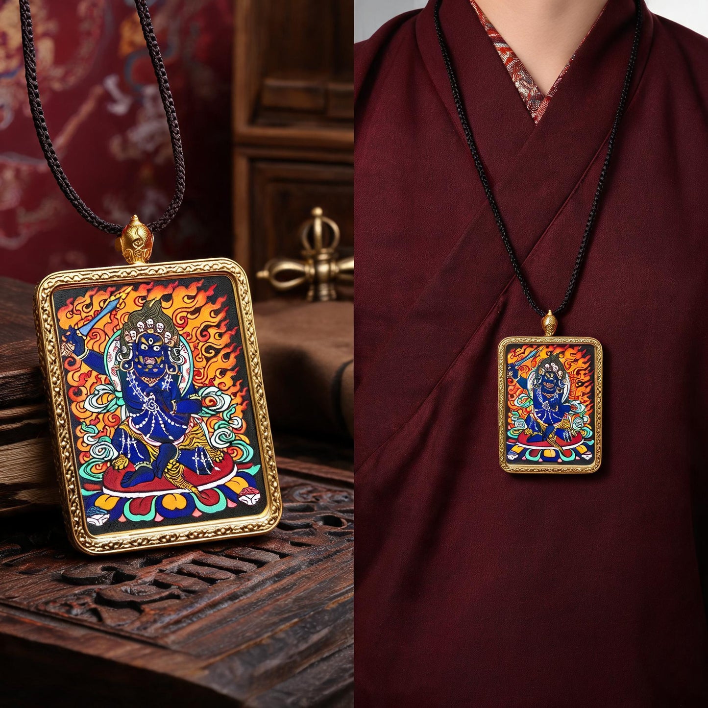 Acala hand-painted Thangka pendant proportional wearing view