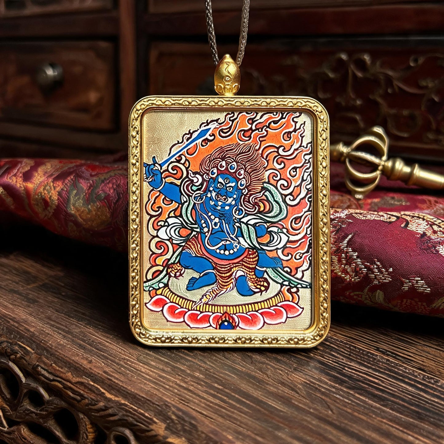Acala hand-painted Thangka pendant hand-painted macro detail