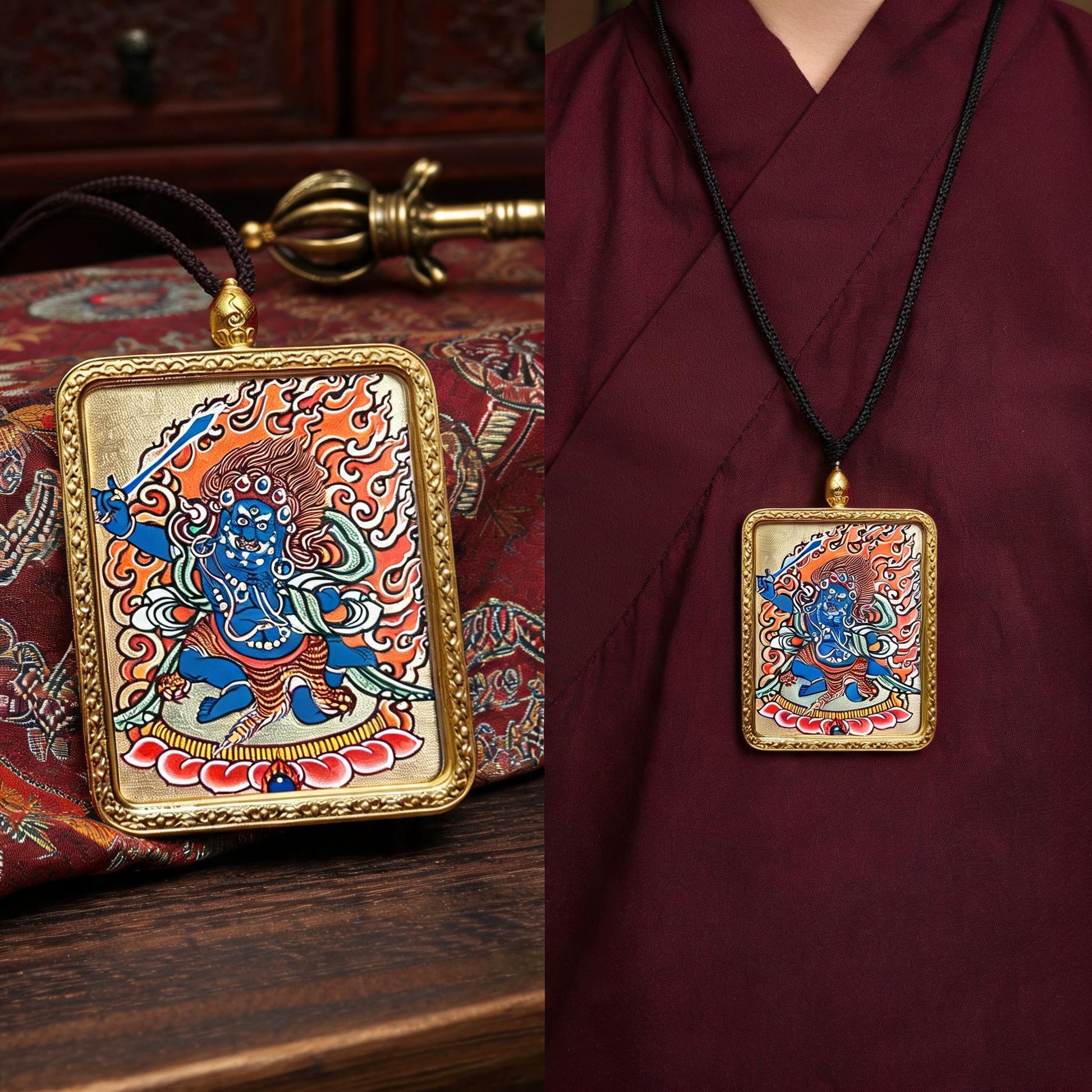 Acala hand-painted Thangka pendant proportional wearing view