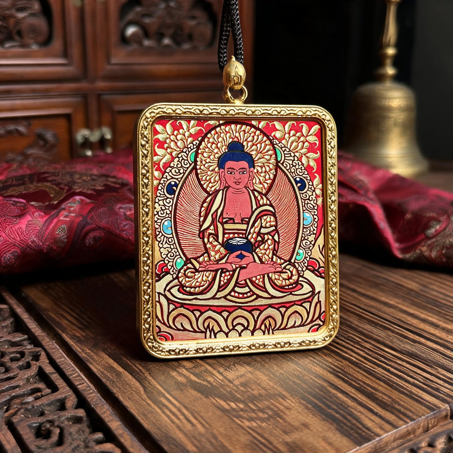 Amitabha Buddha hand-painted Thangka pendant three-quarter side view