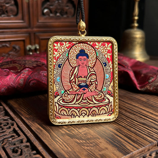 Amitabha Buddha hand-painted Thangka pendant three-quarter side view