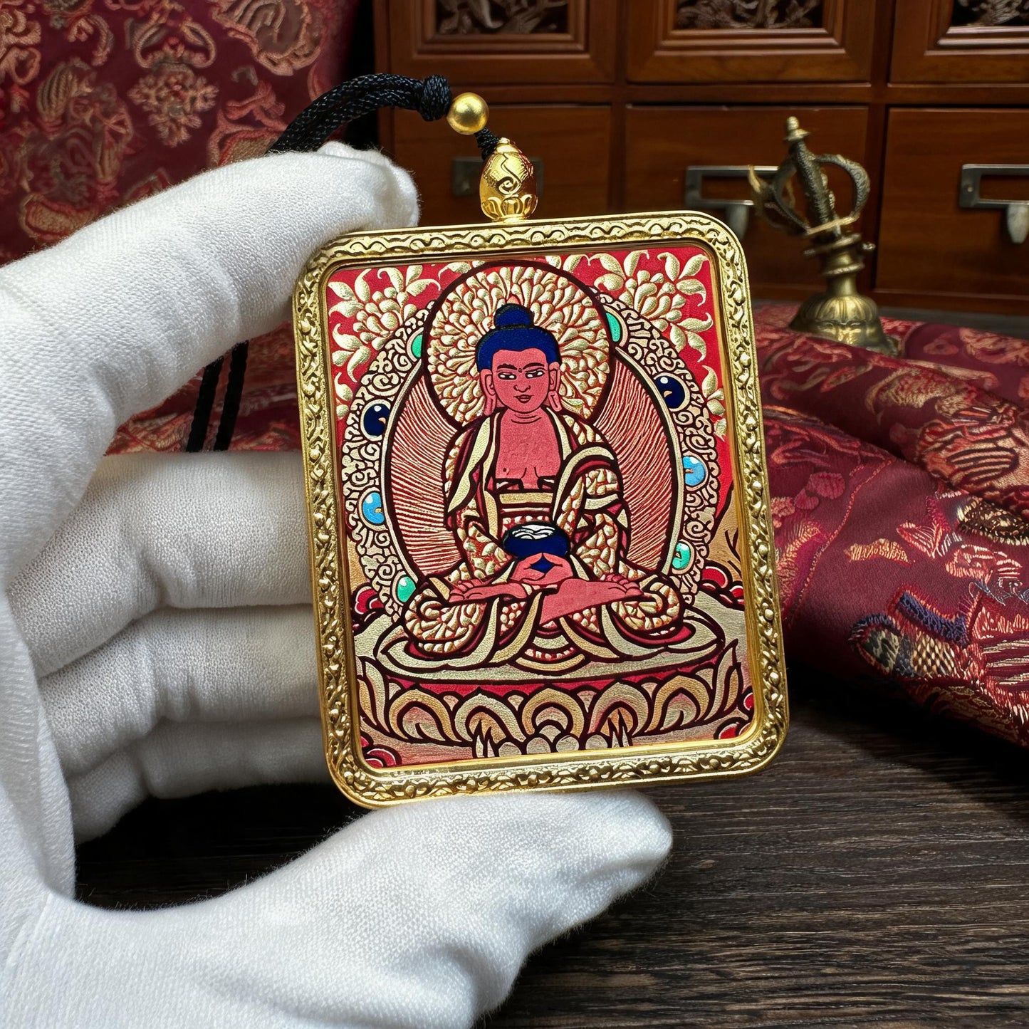 Amitabha Buddha hand-painted Thangka pendant white-glove collector inspection