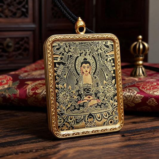 Amitabha Buddha hand-painted Thangka pendant three-quarter side view