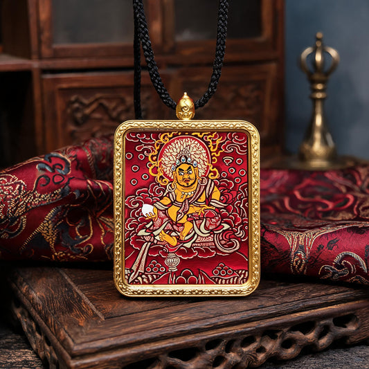 Yellow Jambhala hand-painted Thangka pendant front hero view