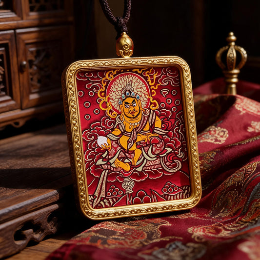 Yellow Jambhala hand-painted Thangka pendant three-quarter side view