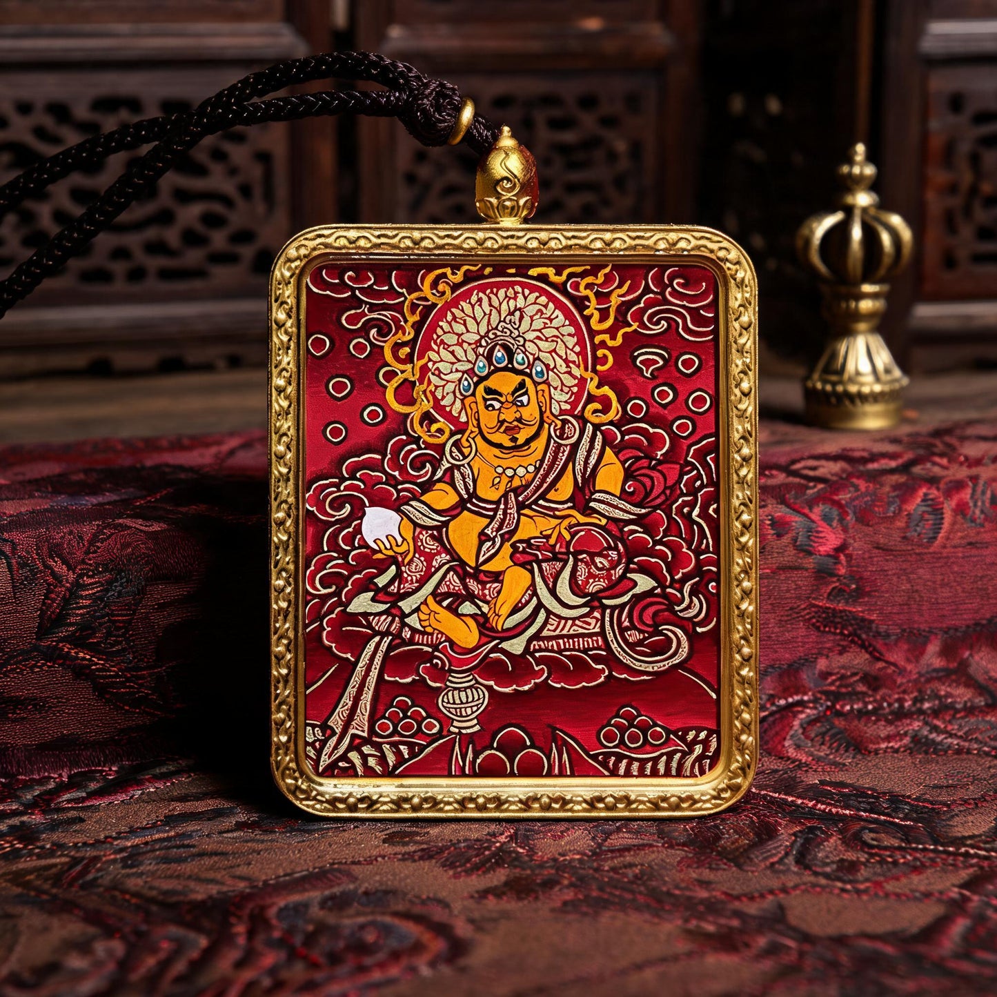 Yellow Jambhala hand-painted Thangka pendant hand-painted macro detail