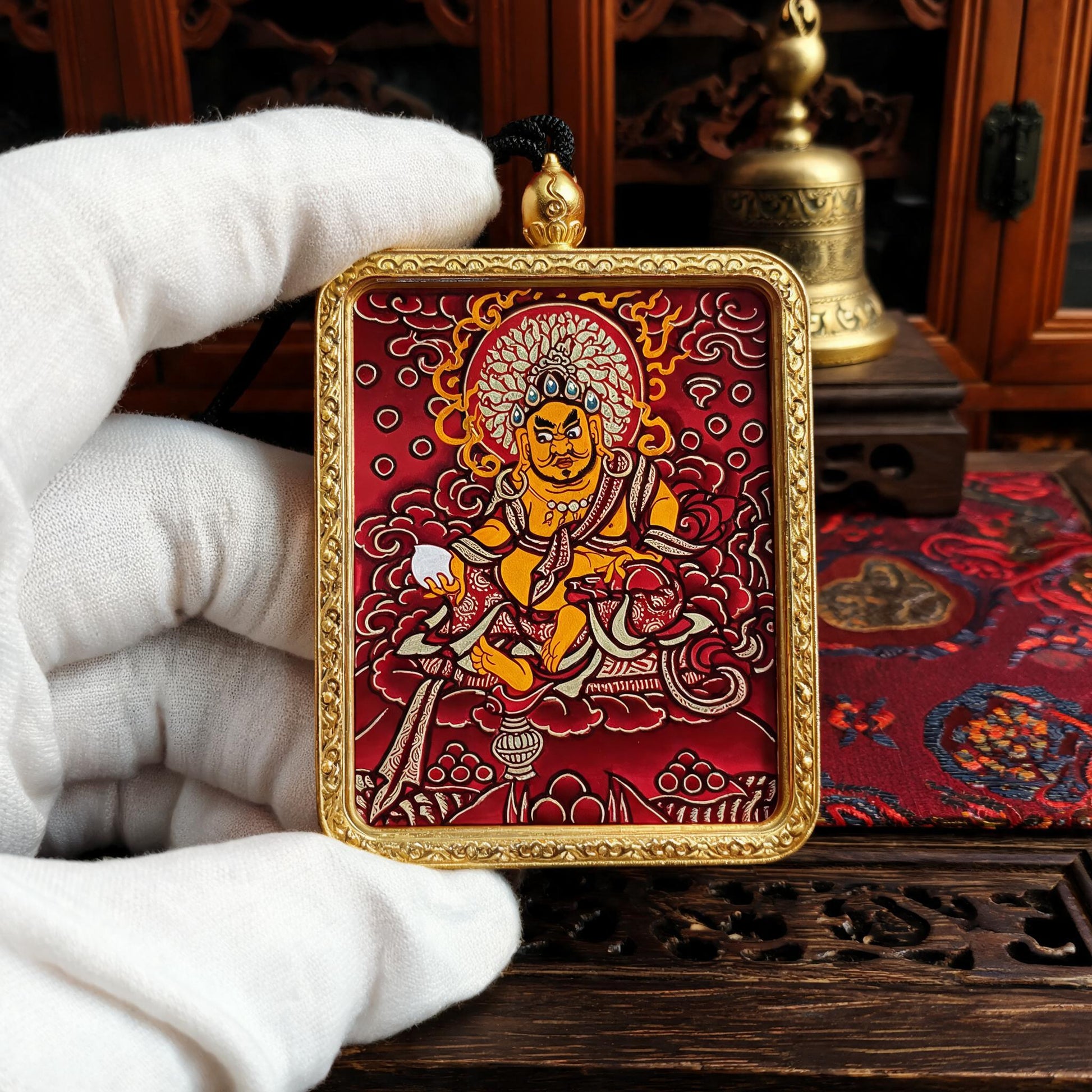 Yellow Jambhala hand-painted Thangka pendant white-glove collector inspection