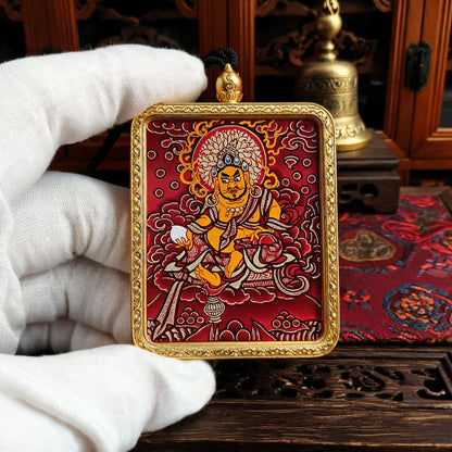 Yellow Jambhala hand-painted Thangka pendant white-glove collector inspection