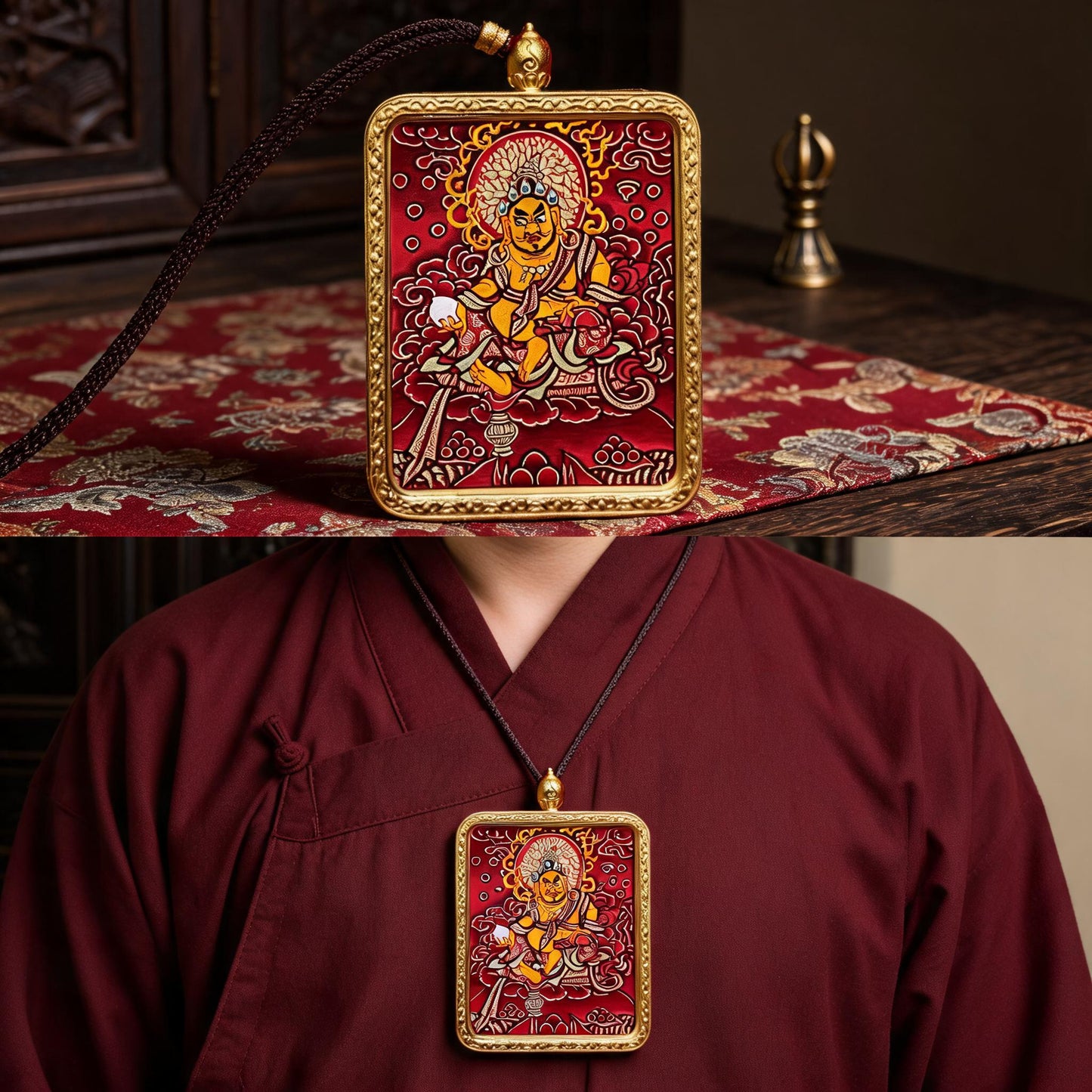Yellow Jambhala hand-painted Thangka pendant proportional wearing view