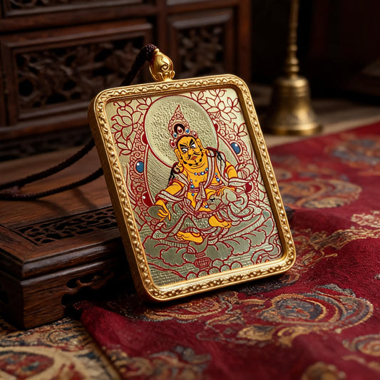Yellow Jambhala hand-painted Thangka pendant three-quarter side view