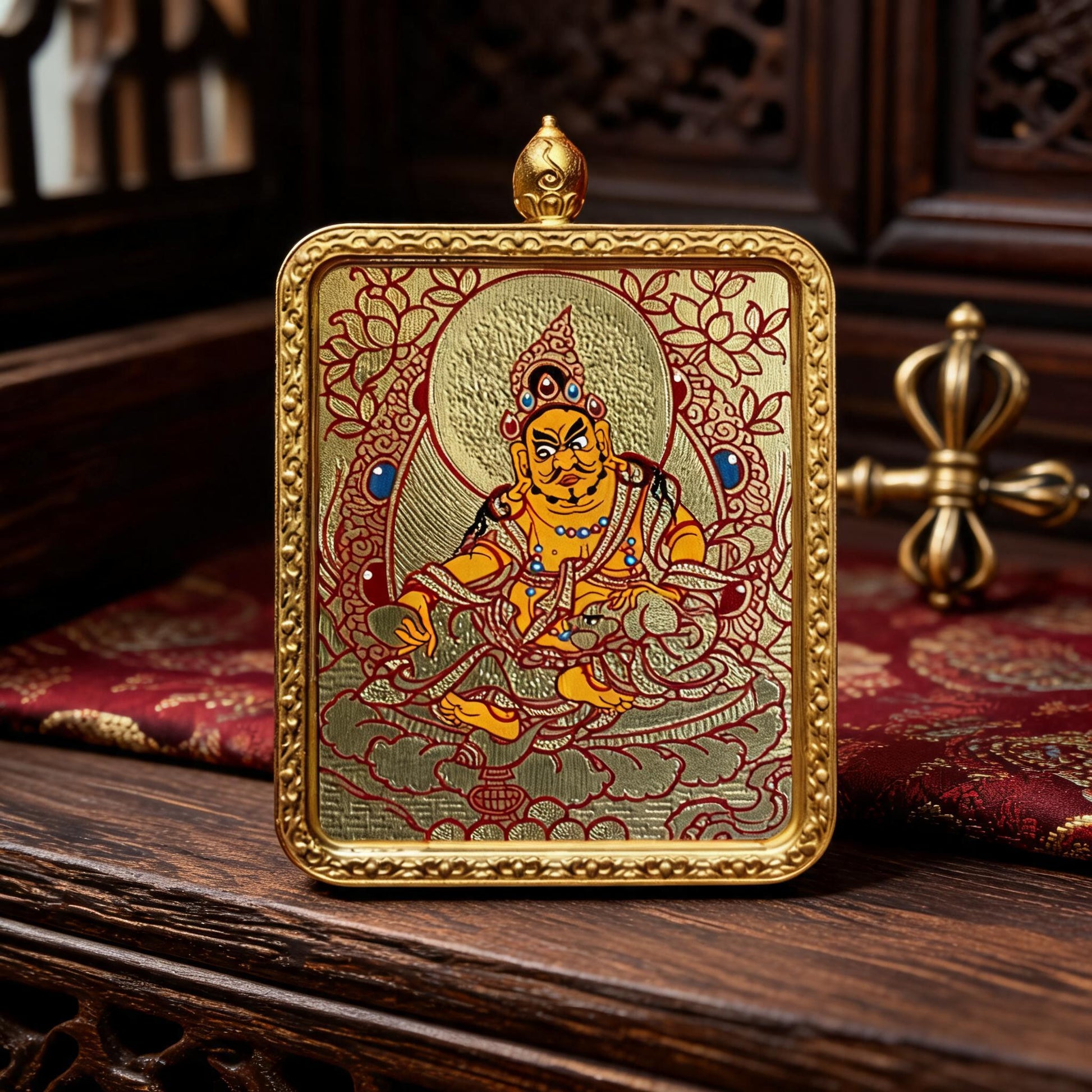 Yellow Jambhala hand-painted Thangka pendant hand-painted macro detail