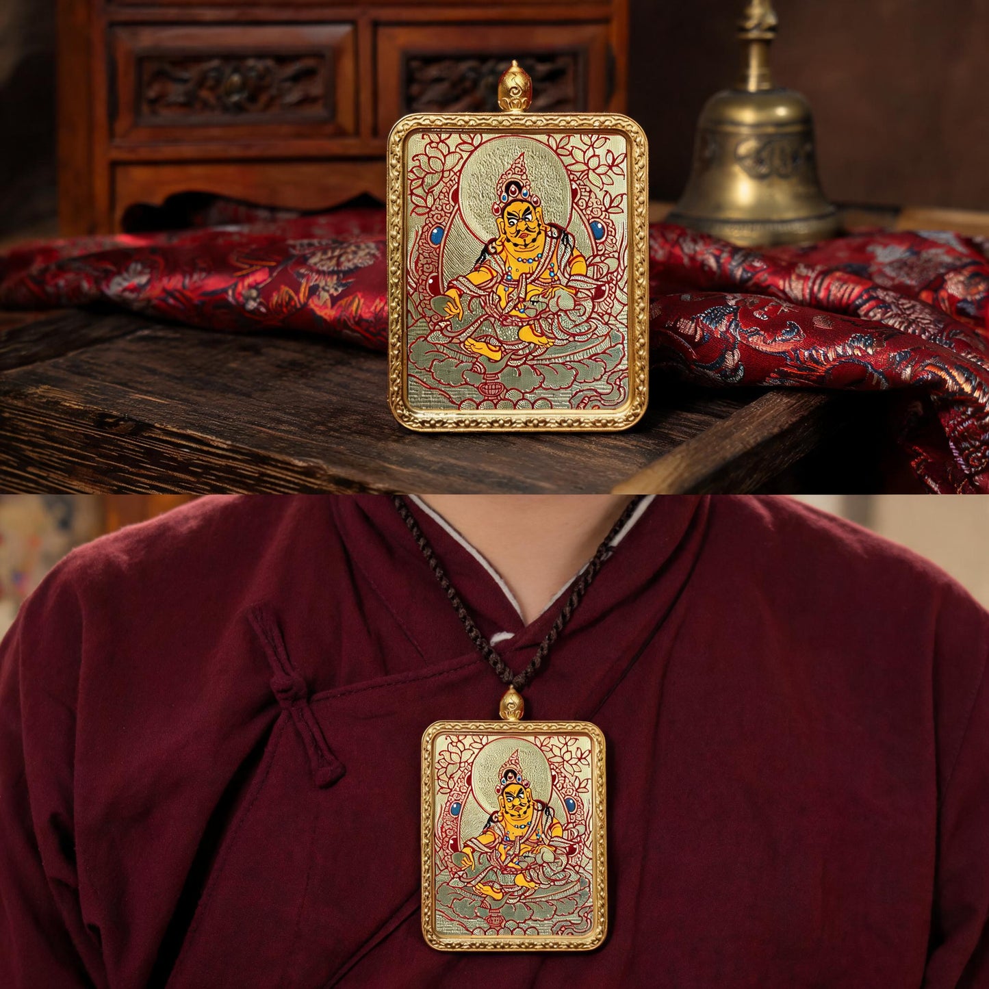 Yellow Jambhala hand-painted Thangka pendant proportional wearing view