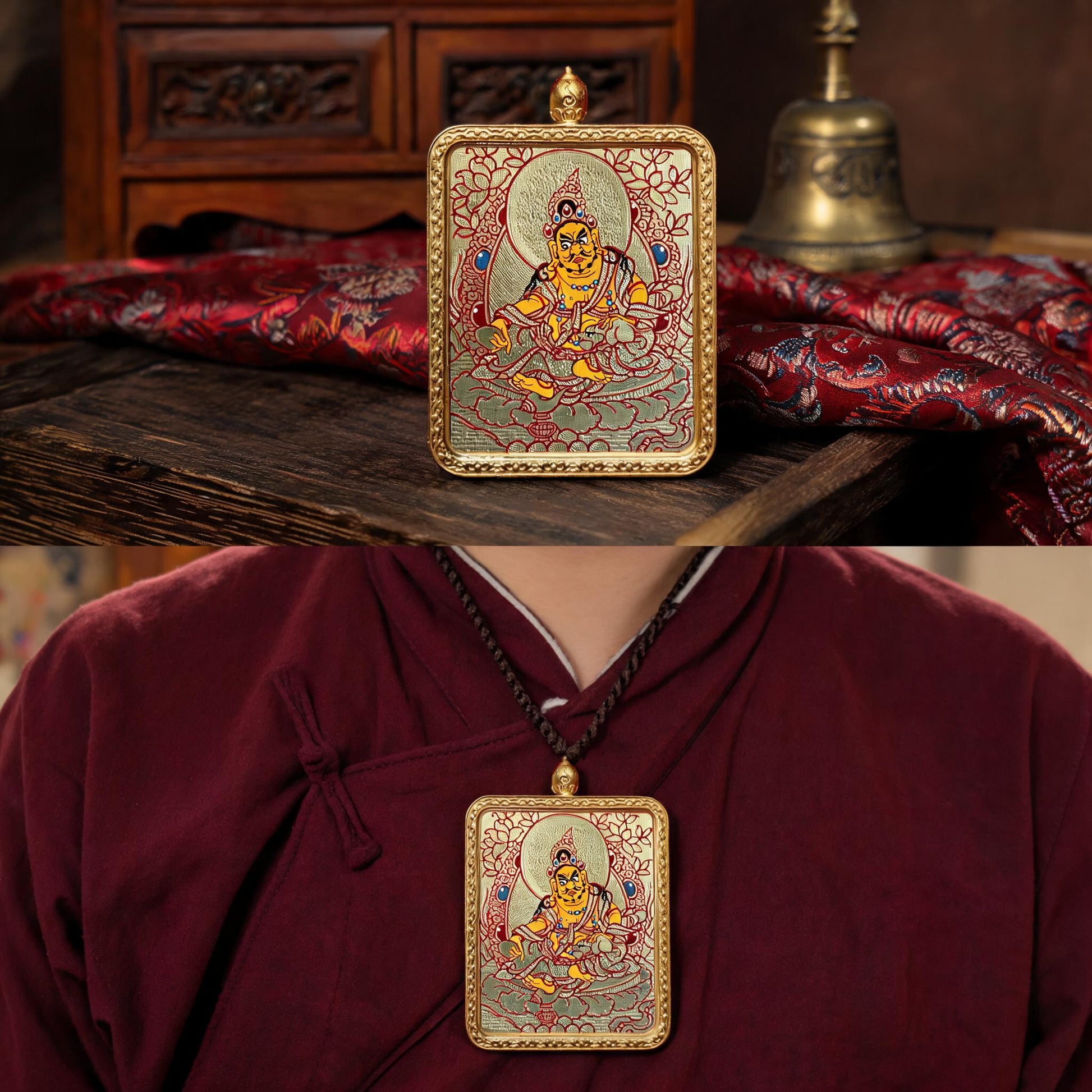 Yellow Jambhala hand-painted Thangka pendant proportional wearing view