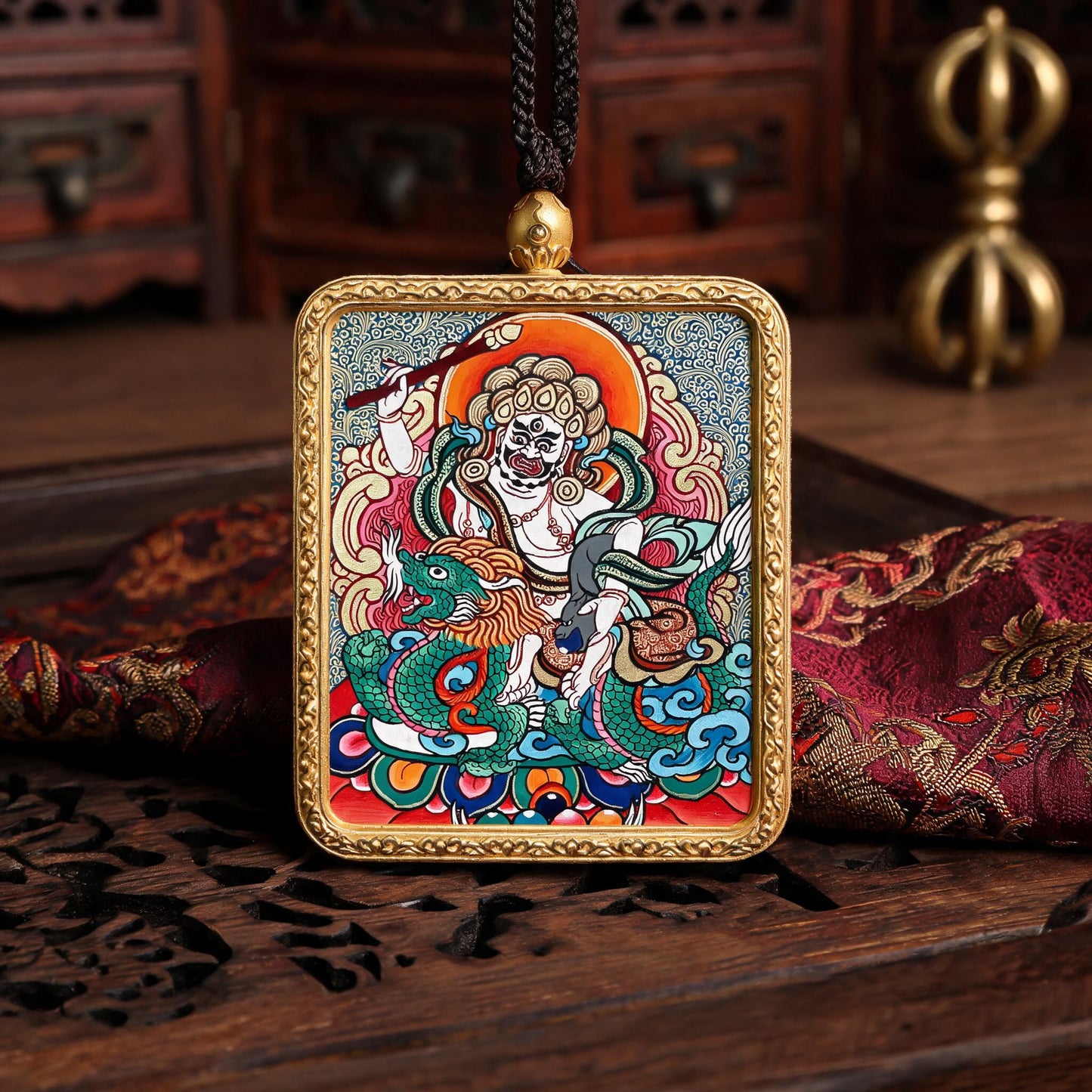 White Jambhala hand-painted Thangka pendant front hero view