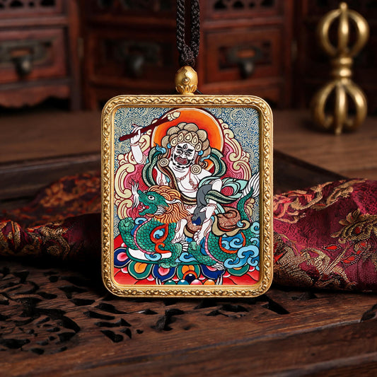 White Jambhala hand-painted Thangka pendant front hero view