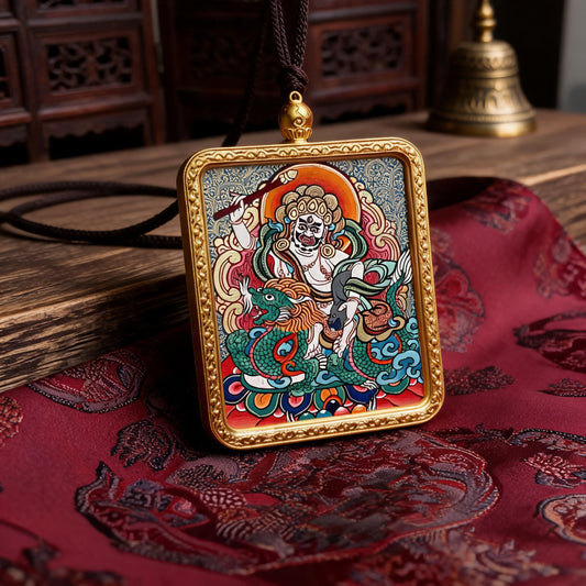 White Jambhala hand-painted Thangka pendant three-quarter side view