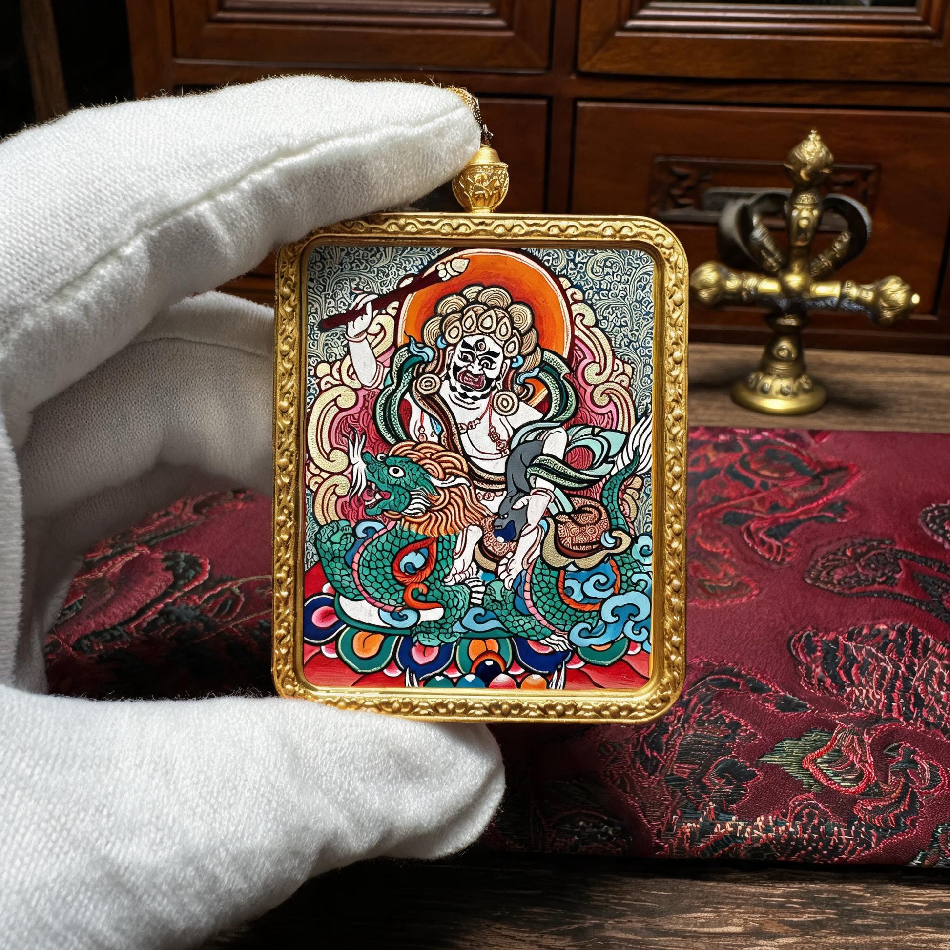 White Jambhala hand-painted Thangka pendant white-glove collector inspection