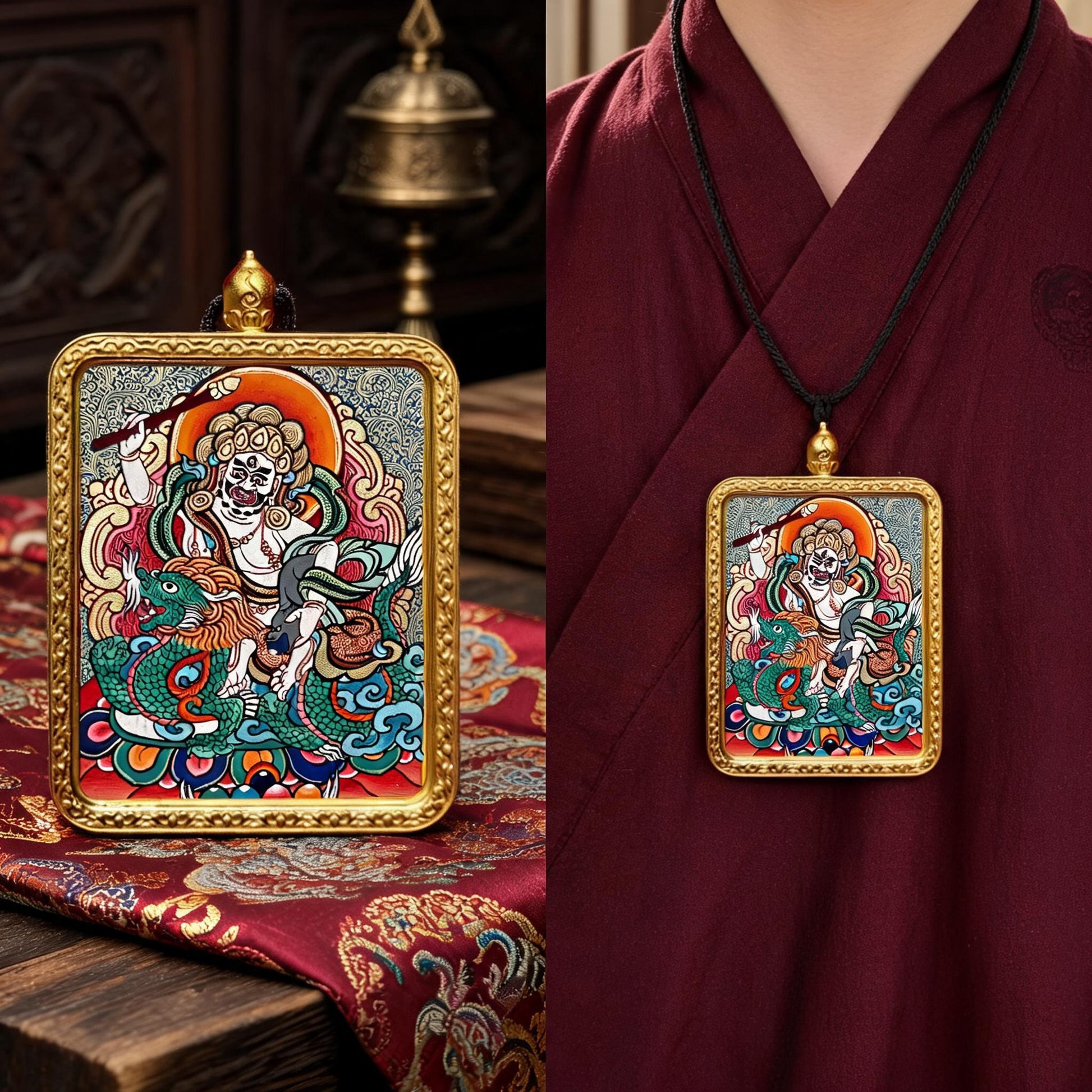 White Jambhala hand-painted Thangka pendant proportional wearing view