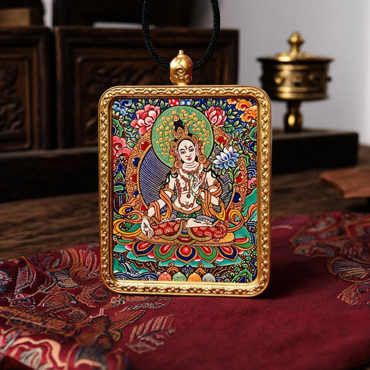 White Tara hand-painted Thangka pendant front hero view