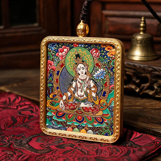 White Tara hand-painted Thangka pendant three-quarter side view
