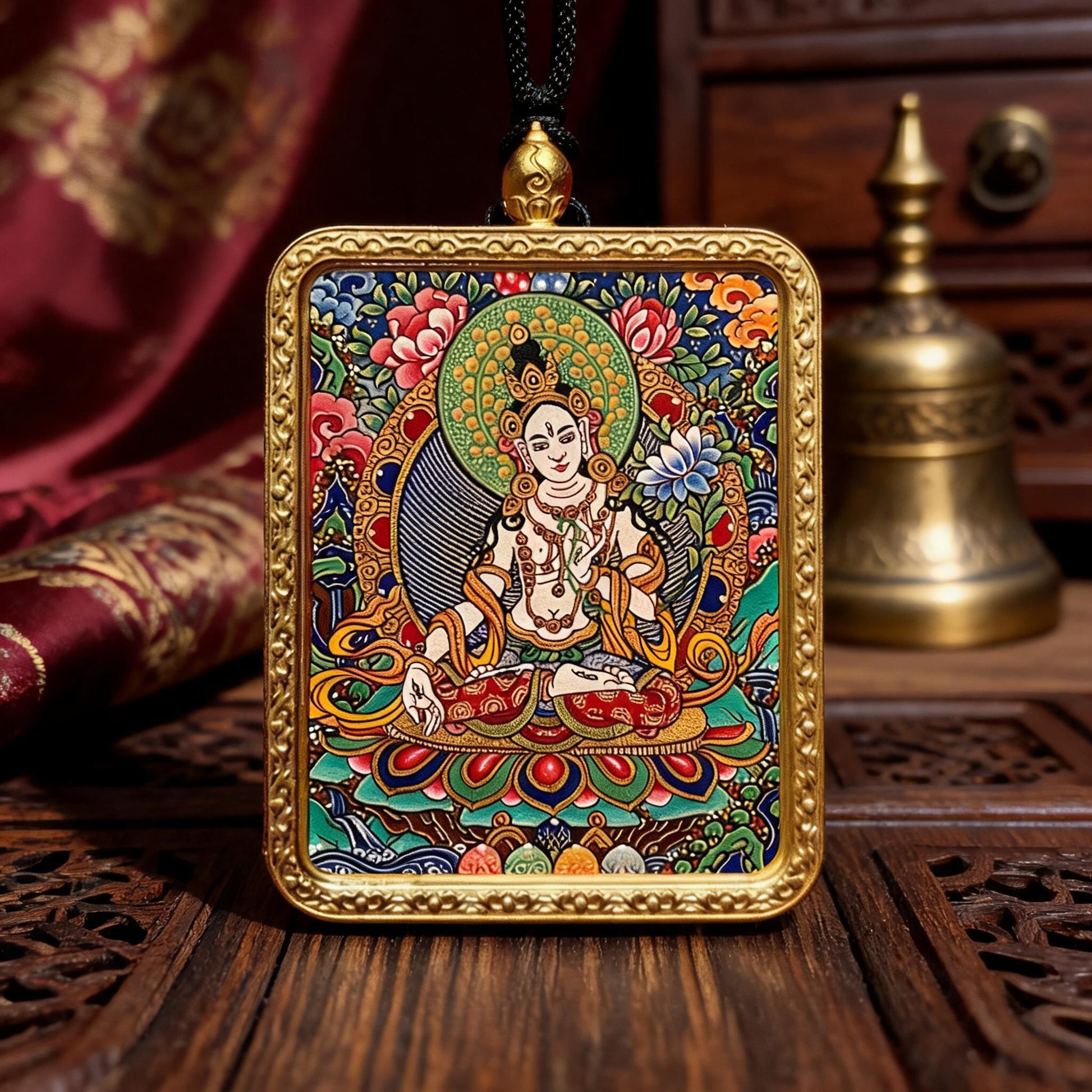 White Tara hand-painted Thangka pendant hand-painted macro detail
