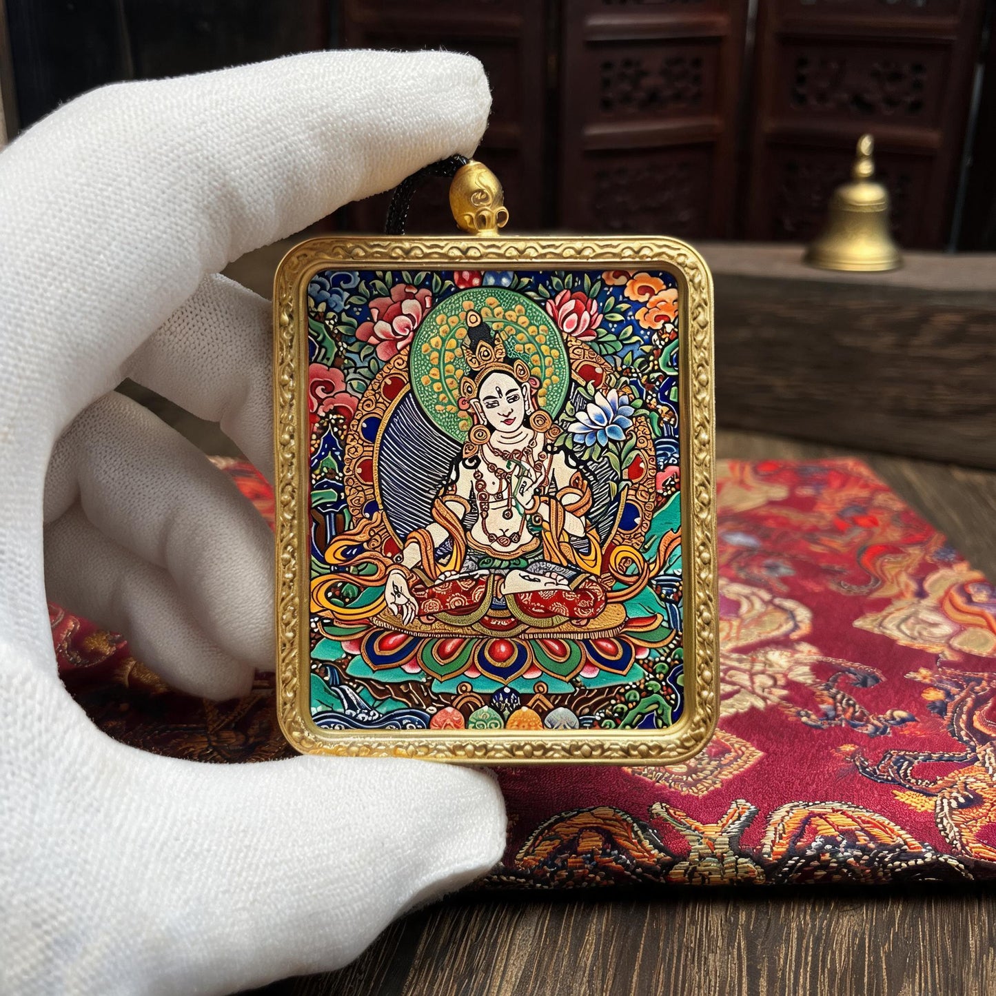 White Tara hand-painted Thangka pendant white-glove collector inspection