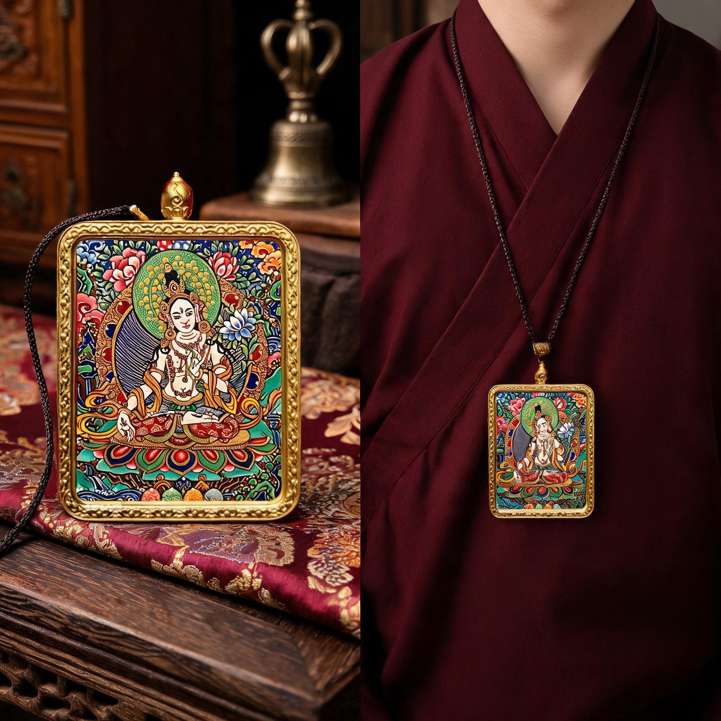 White Tara hand-painted Thangka pendant proportional wearing view