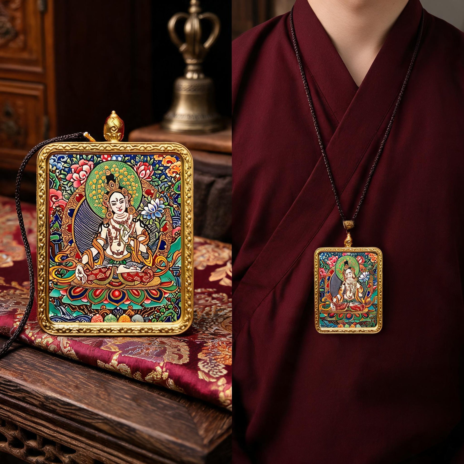 White Tara hand-painted Thangka pendant proportional wearing view