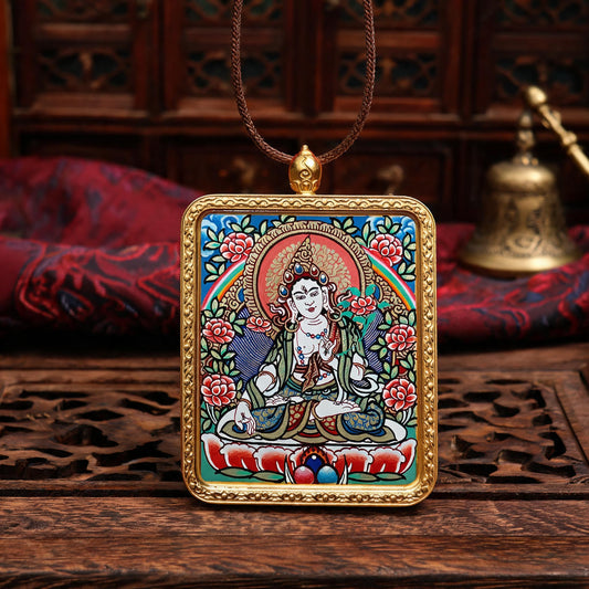White Tara hand-painted Thangka pendant front hero view