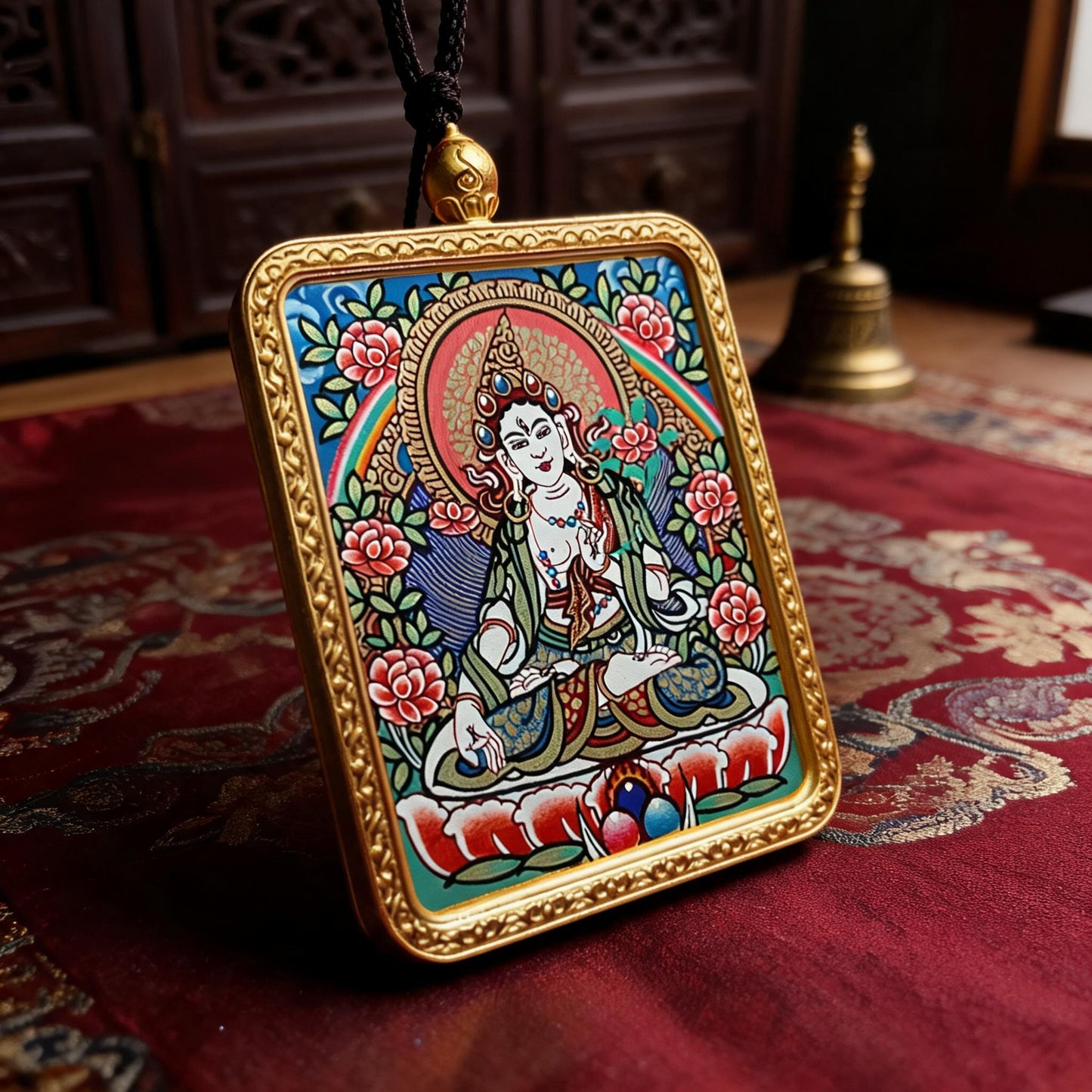 White Tara hand-painted Thangka pendant three-quarter side view