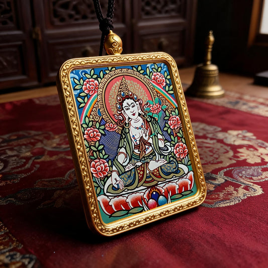 White Tara hand-painted Thangka pendant three-quarter side view