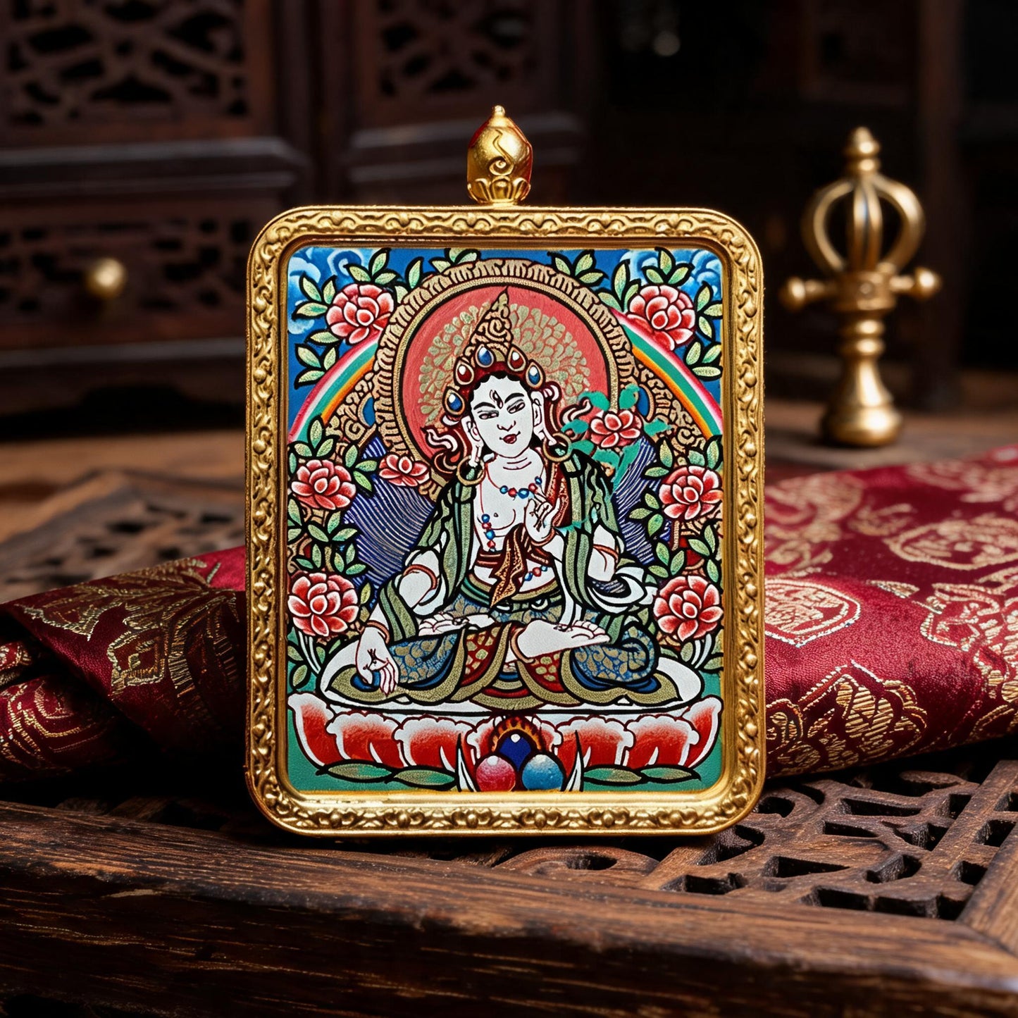 White Tara hand-painted Thangka pendant hand-painted macro detail