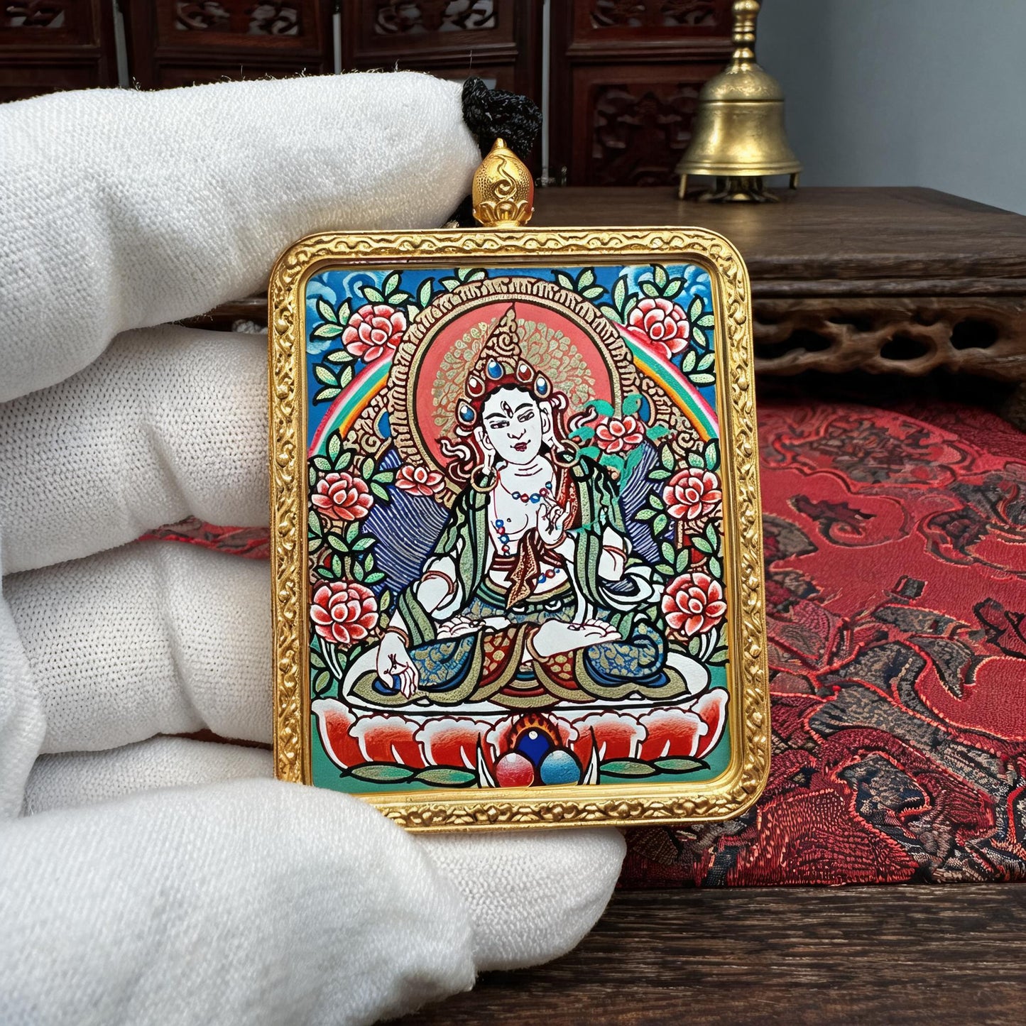 White Tara hand-painted Thangka pendant white-glove collector inspection