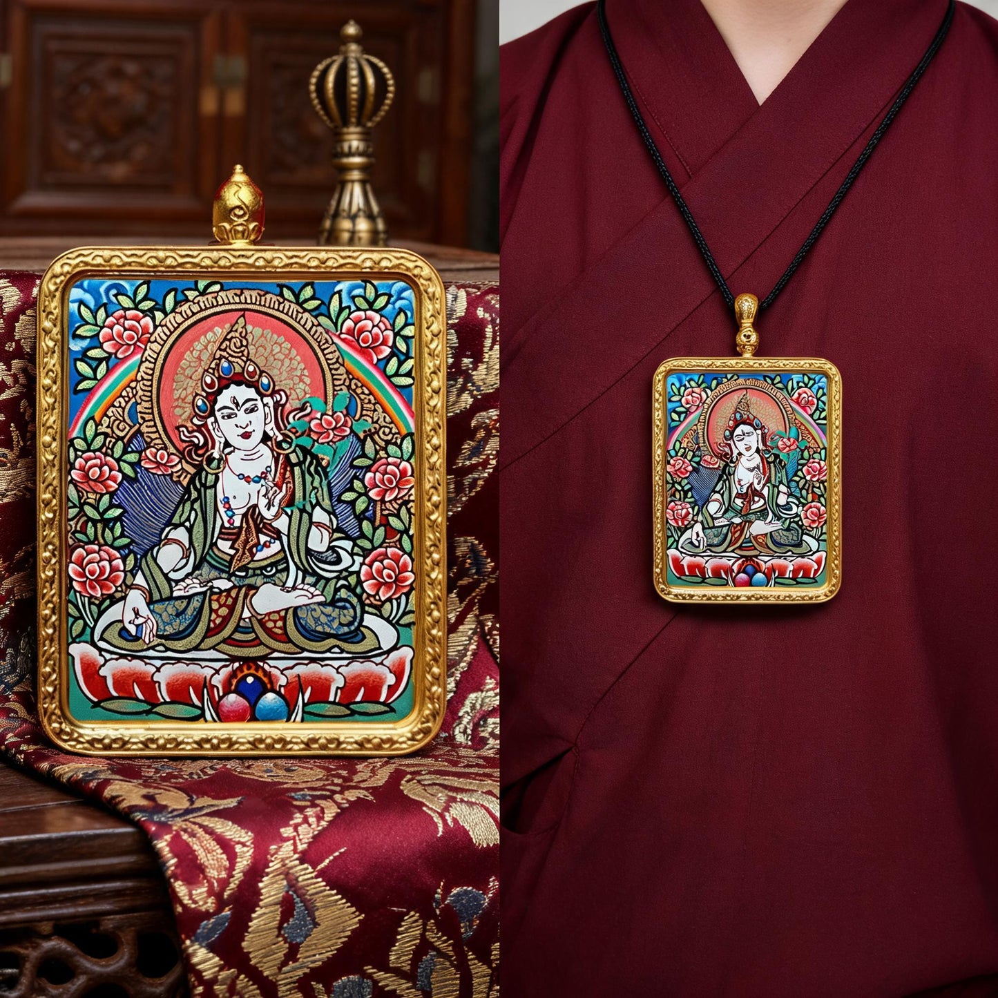 White Tara hand-painted Thangka pendant proportional wearing view