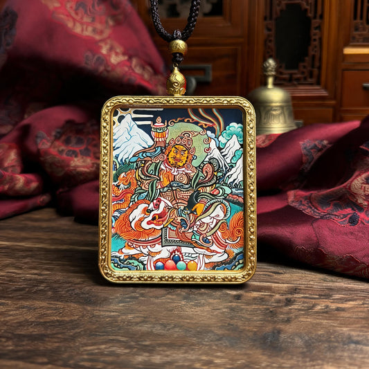 Vaishravana hand-painted Thangka pendant front hero view