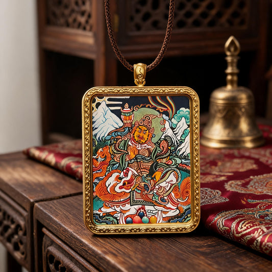 Vaishravana hand-painted Thangka pendant three-quarter side view
