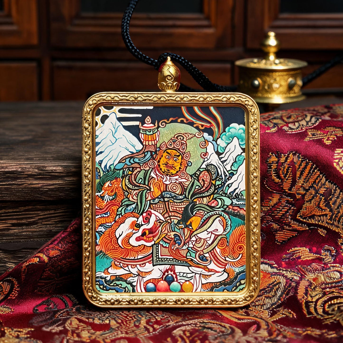 Vaishravana hand-painted Thangka pendant hand-painted macro detail
