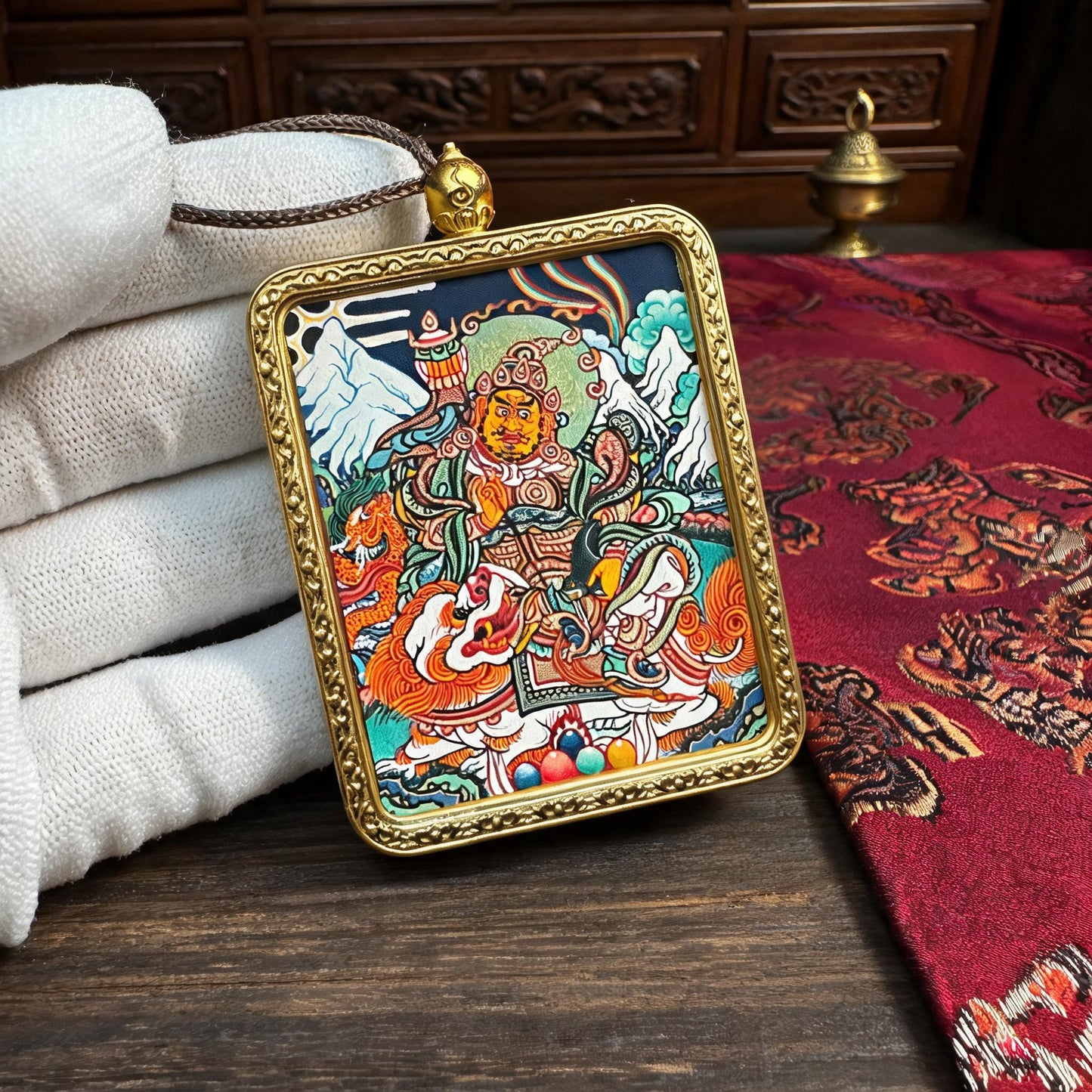 Vaishravana hand-painted Thangka pendant white-glove collector inspection