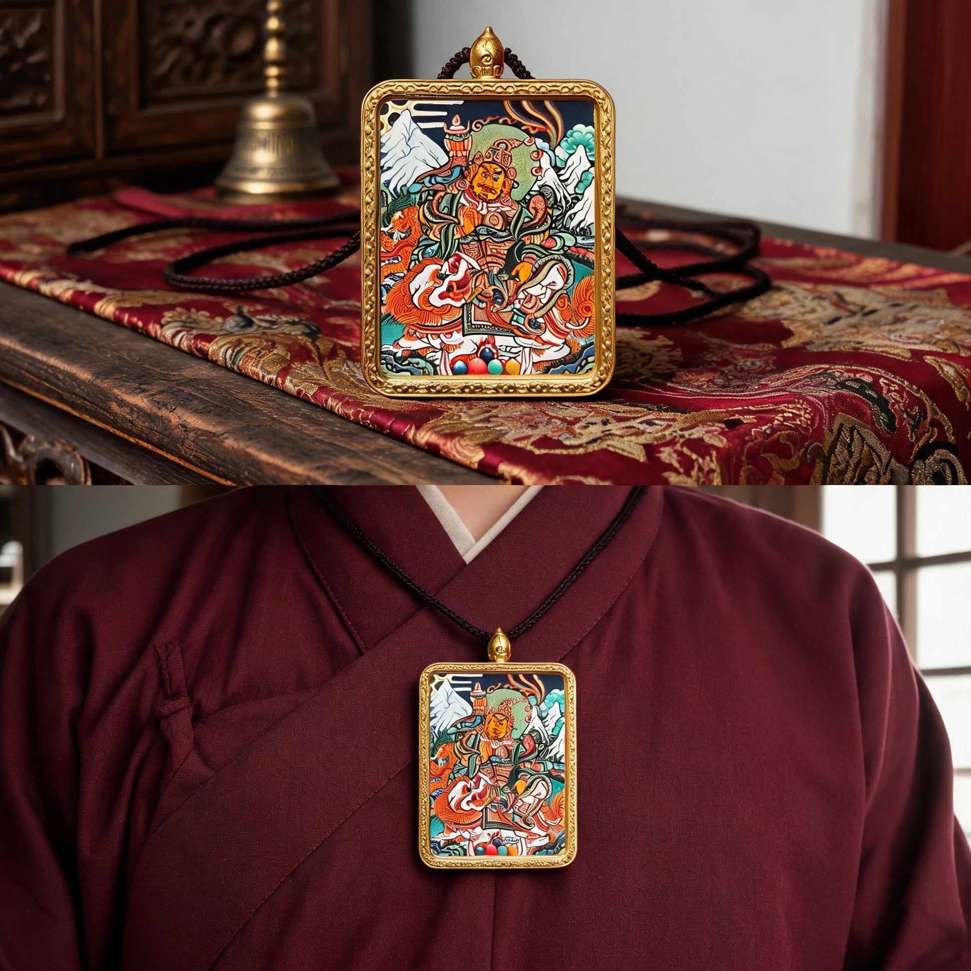 Vaishravana hand-painted Thangka pendant proportional wearing view