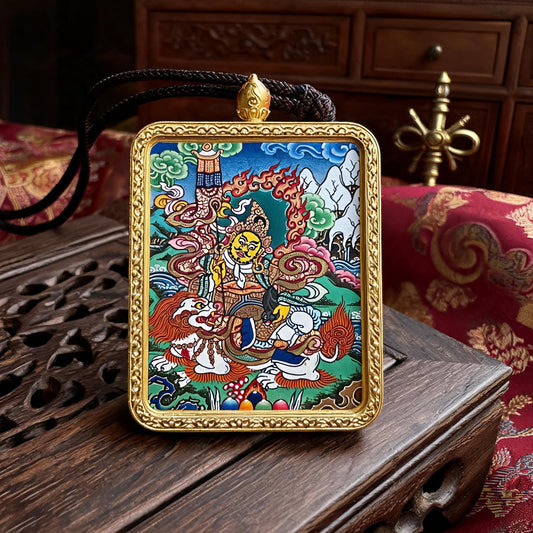 Vaishravana hand-painted Thangka pendant front hero view