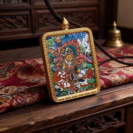 Vaishravana hand-painted Thangka pendant three-quarter side view
