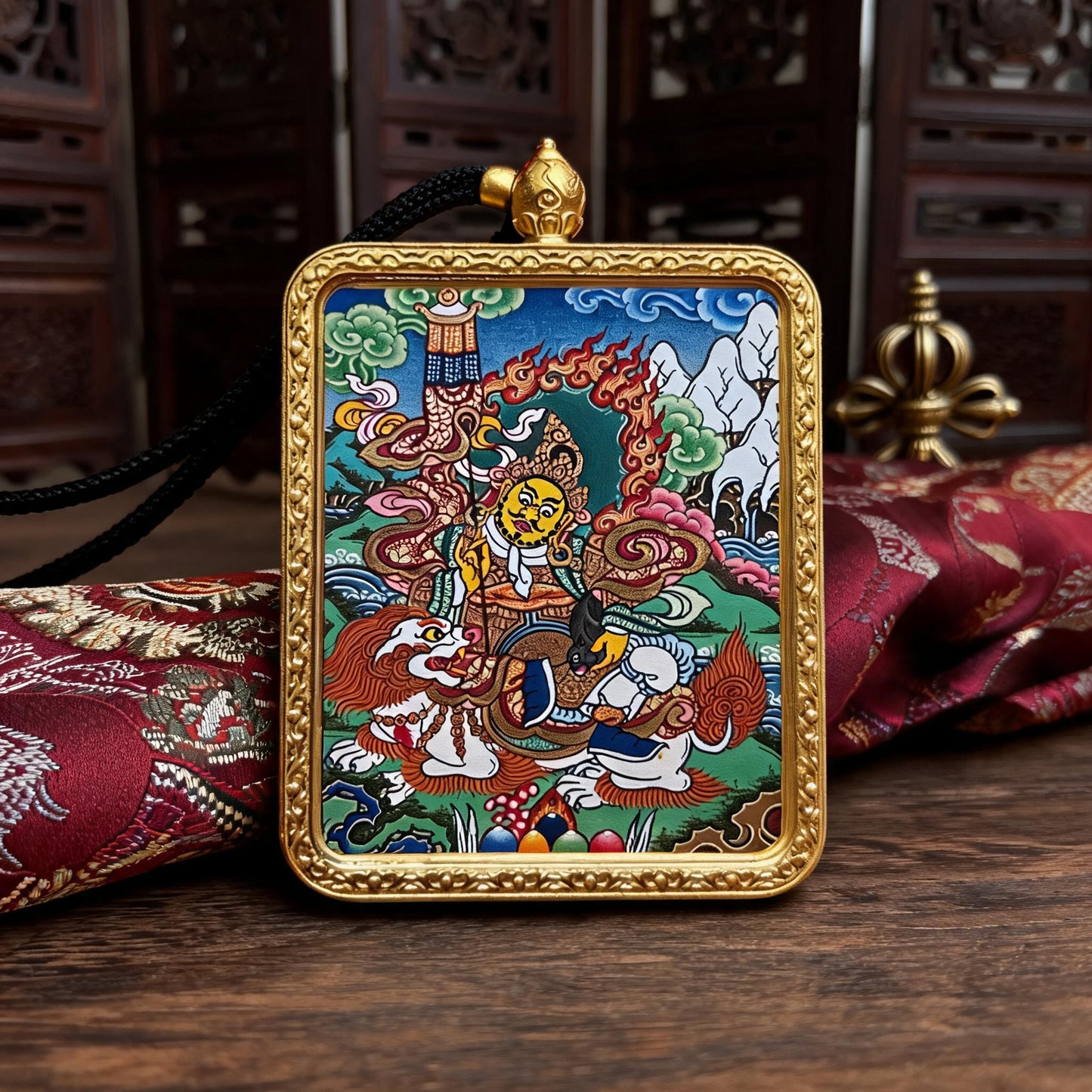 Vaishravana hand-painted Thangka pendant hand-painted macro detail