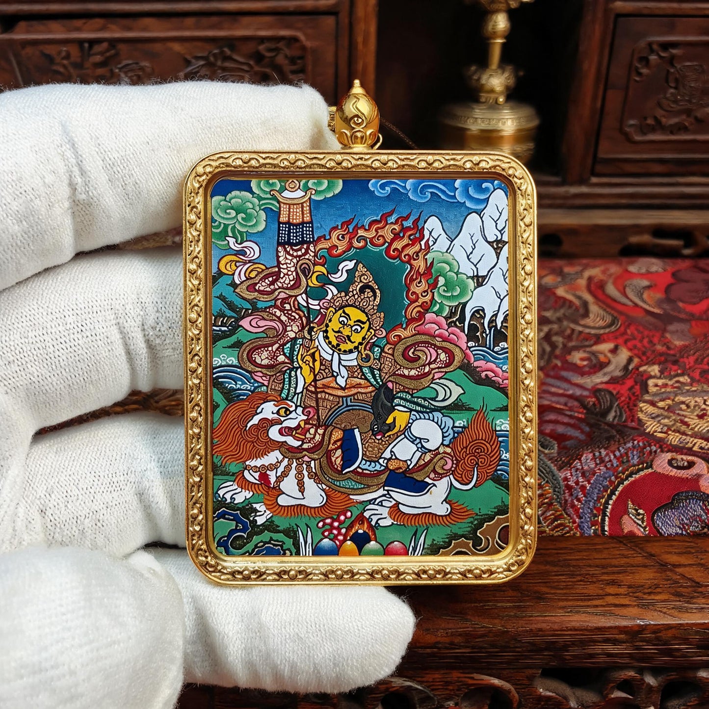 Vaishravana hand-painted Thangka pendant white-glove collector inspection