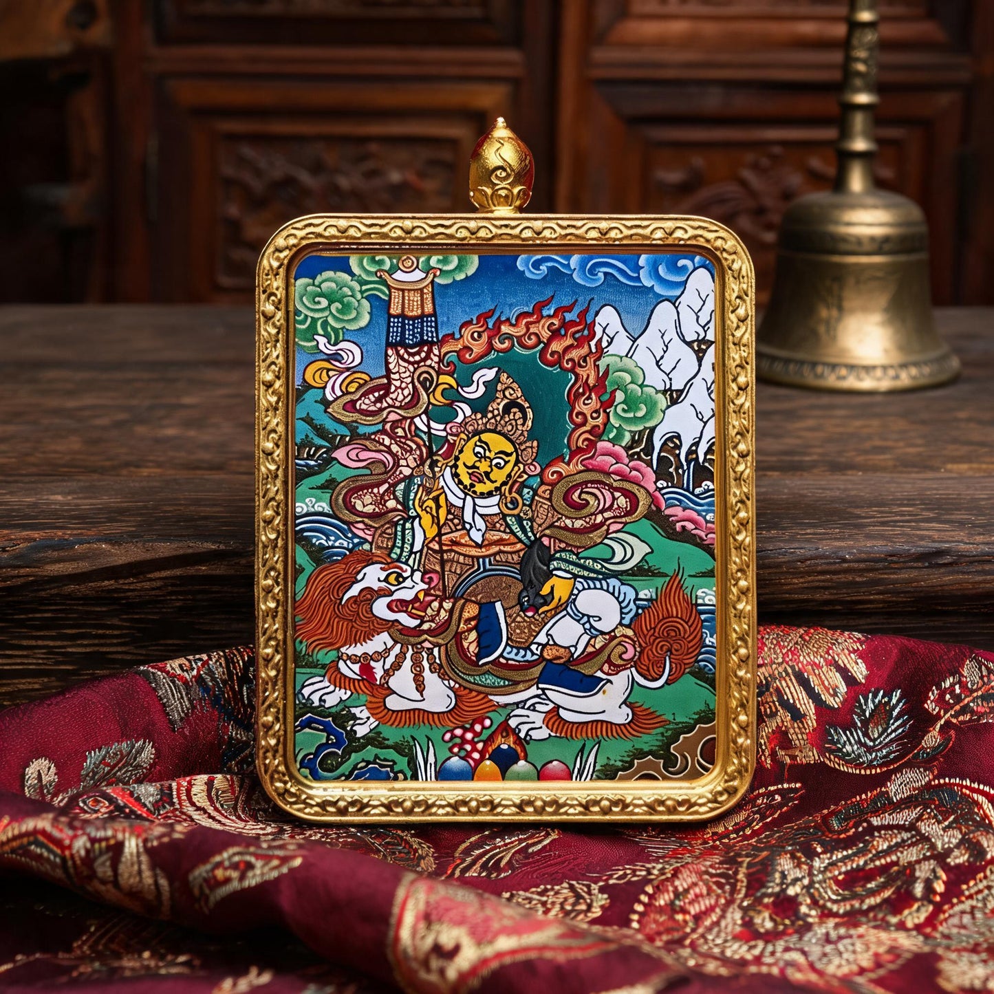 Vaishravana hand-painted Thangka pendant proportional wearing view