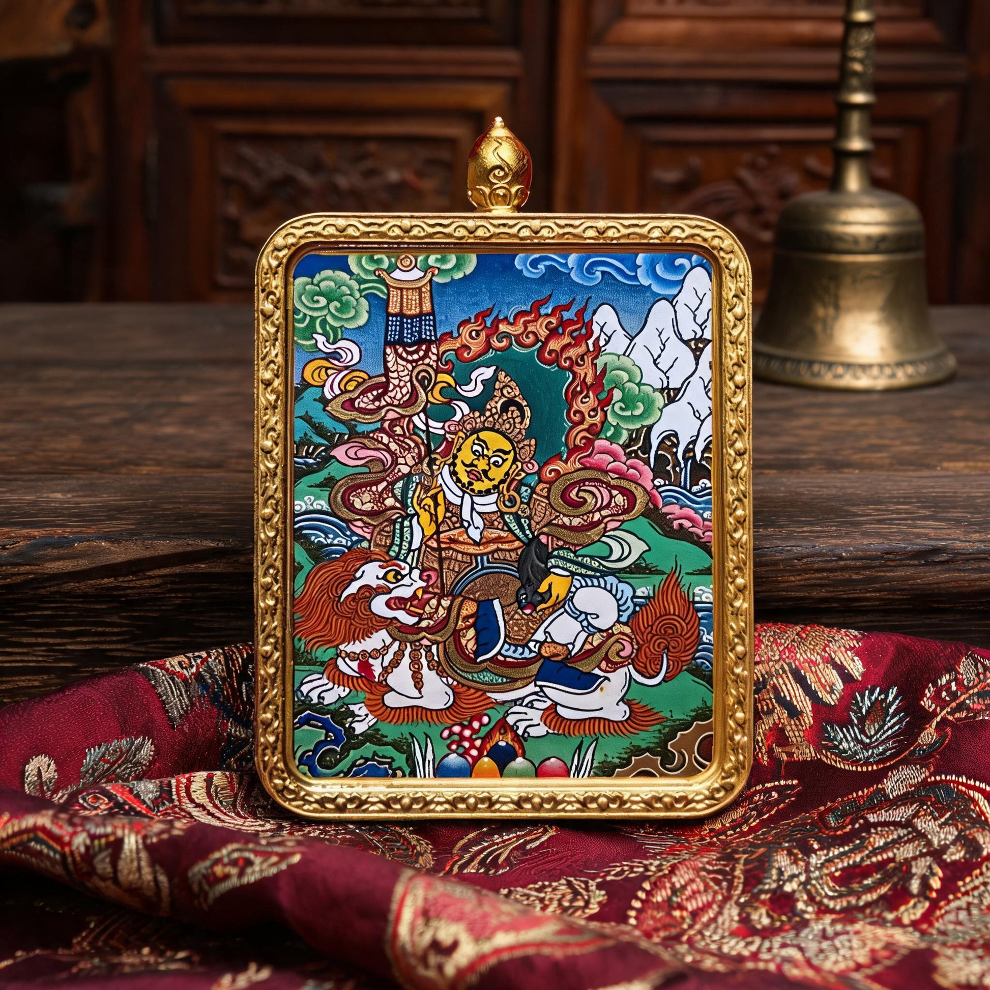 Vaishravana hand-painted Thangka pendant proportional wearing view