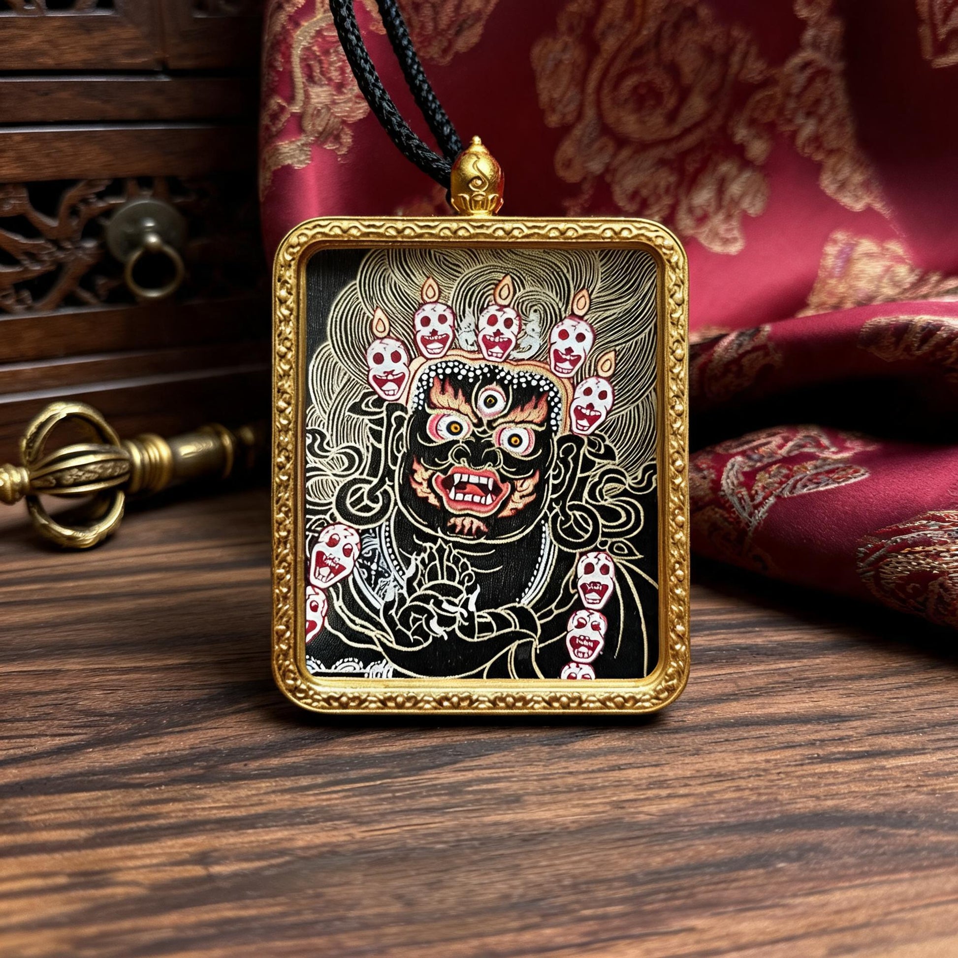 Mahakala hand-painted Thangka pendant front hero view