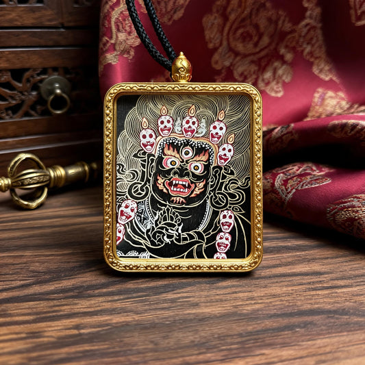 Mahakala hand-painted Thangka pendant front hero view