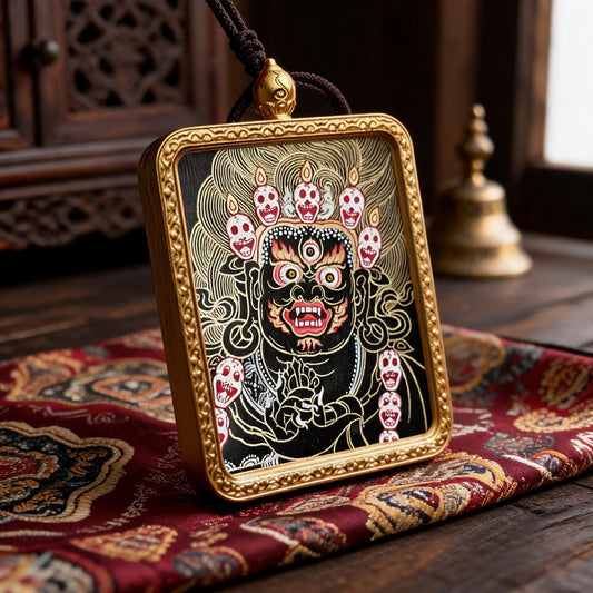 Mahakala hand-painted Thangka pendant three-quarter side view